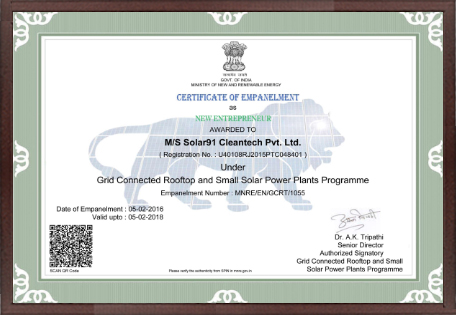Certificate Under Grid Connected Rooftop and Small Solar Power Plants Program